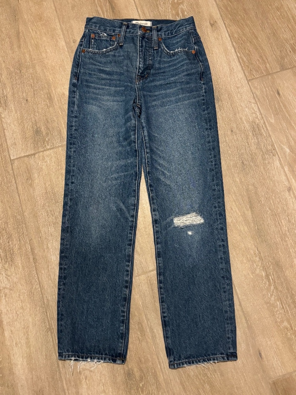 Madewell Classic Straight Jeans Jade Wash Knee Rip Edition 23